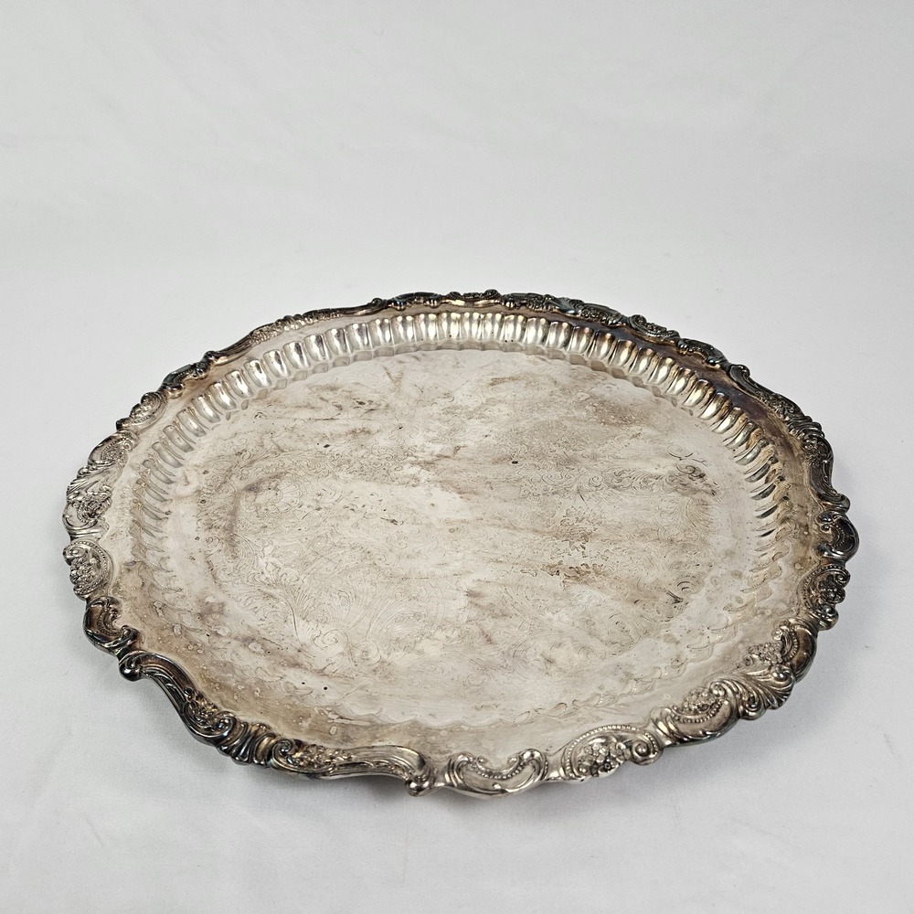 Vintage Wallace Silver Plate Serving Tray Footed Scalloped Edge Baroque 17.5"